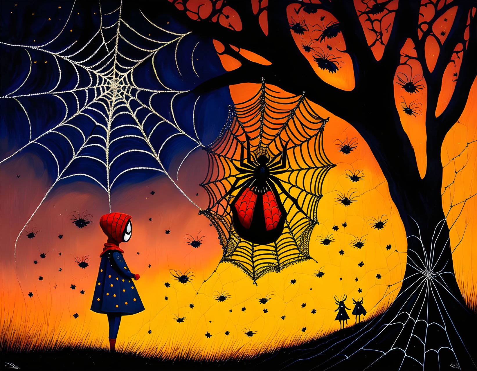 Stylized painting of child, spider, and cat in vibrant setting