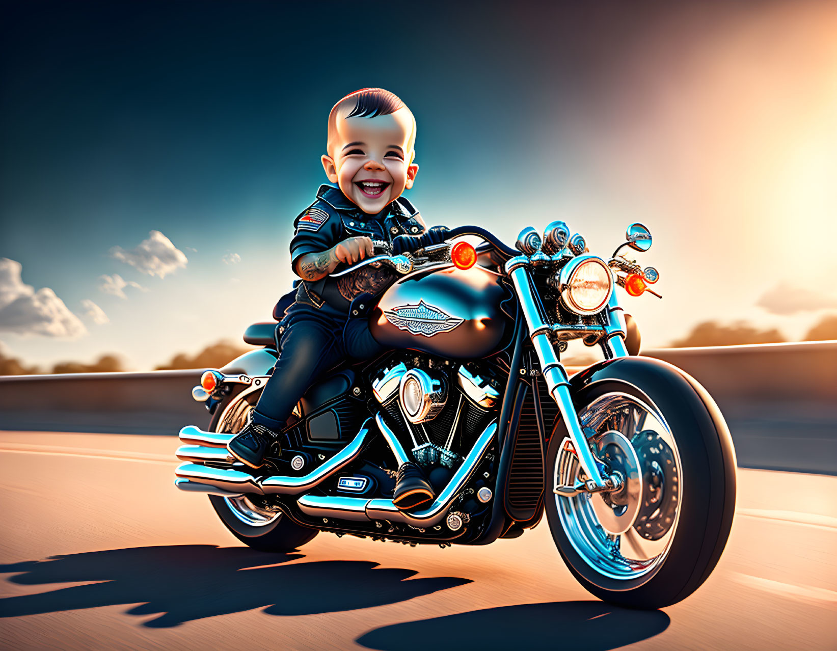 Cute Baby on Motorcycle Sunset Illustration