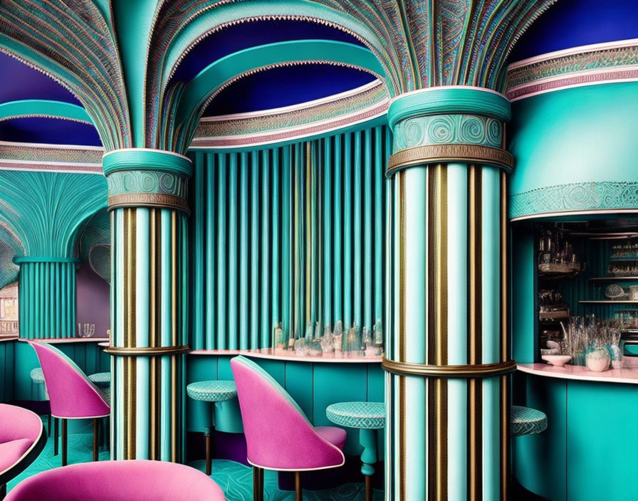 Opulent Art Deco interior in turquoise and pink tones with ornate columns and velvet chairs