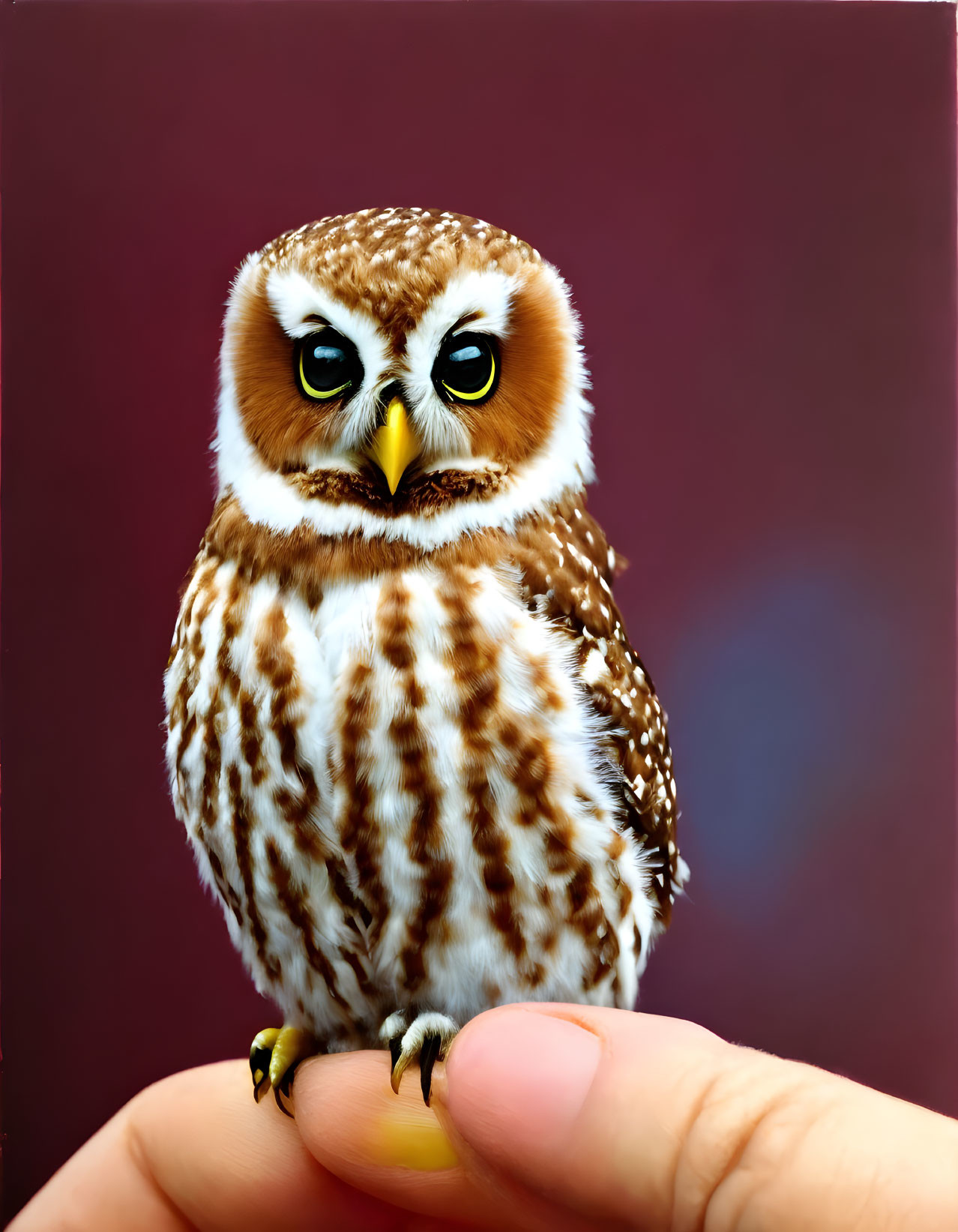 Brown and White Owl Perched on Human Finger with Yellow Eyes