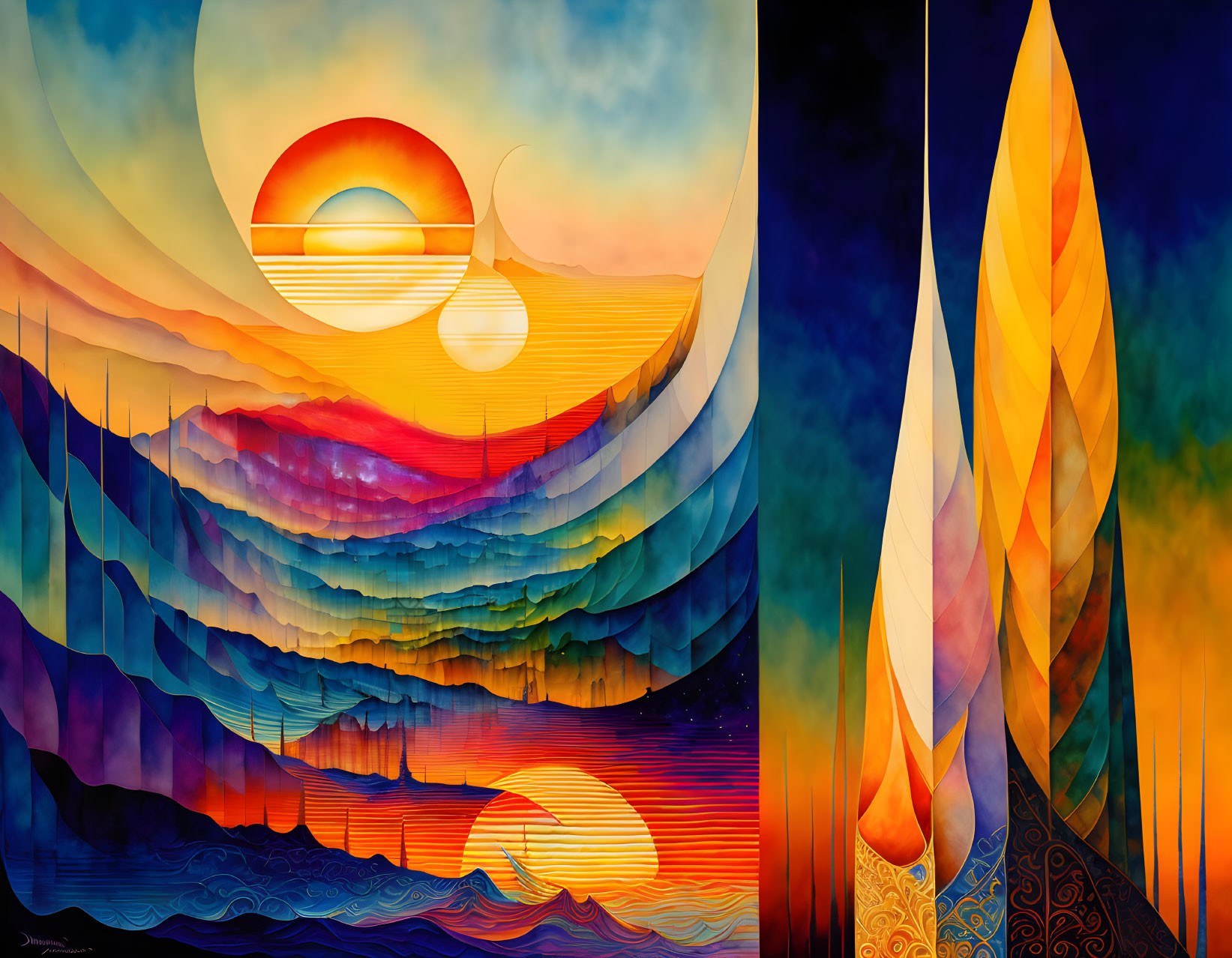 Colorful Sunset Painting with Ocean Waves and Sailboat Silhouette