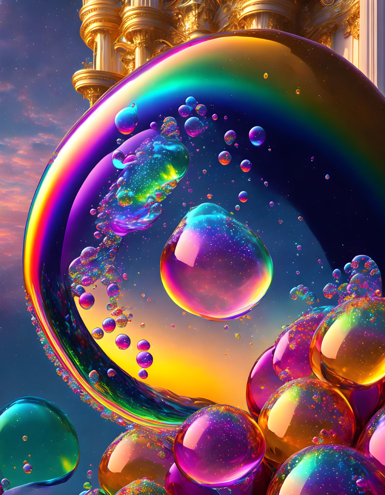 Colorful soap bubbles against golden architecture and blue sky