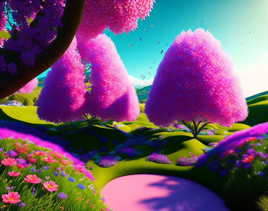 Fantasy Landscape with Pink Trees, Colorful Flowers, and Serene Blue Sky