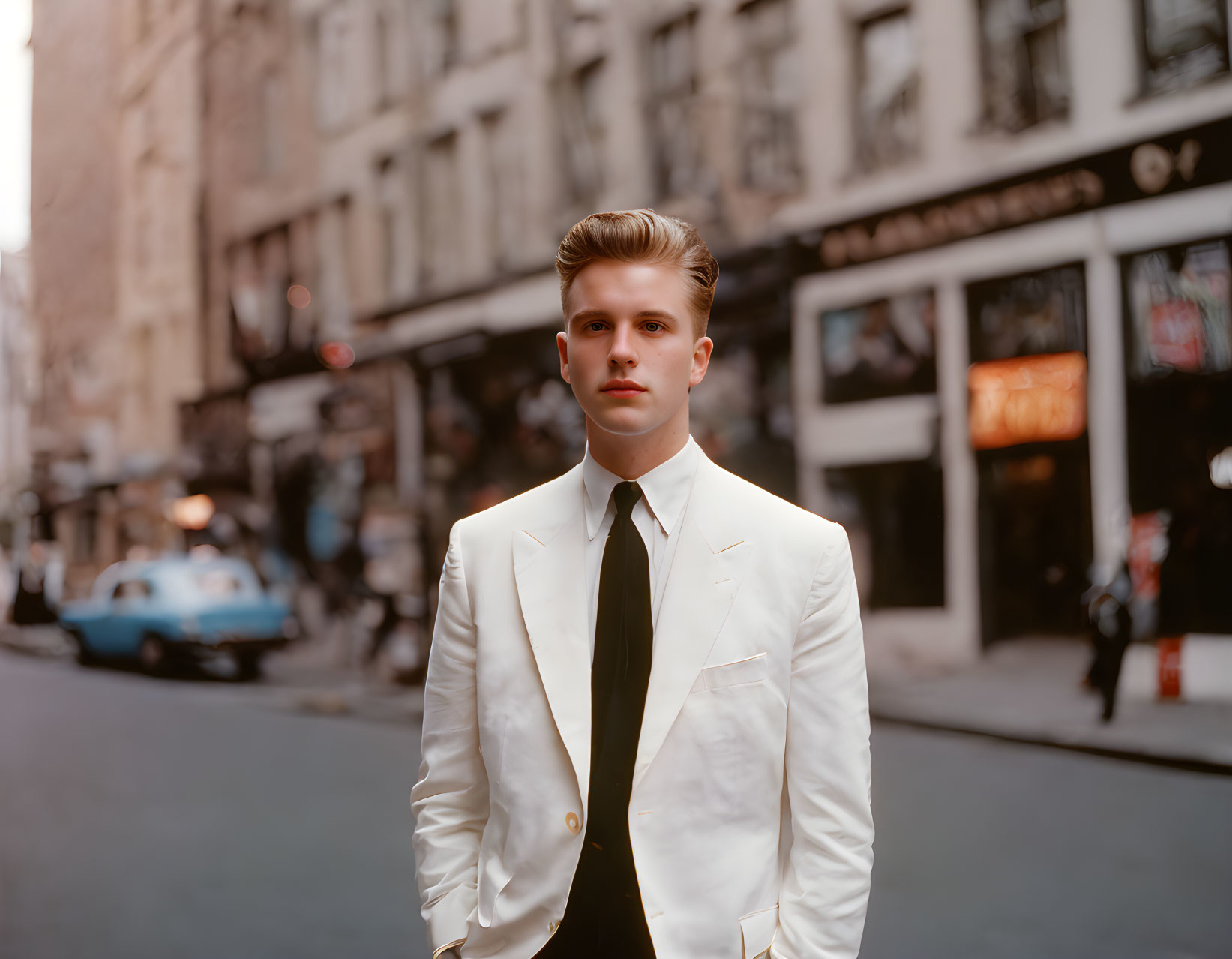 Young man in white suit and black tie on city street with buildings and cars in background