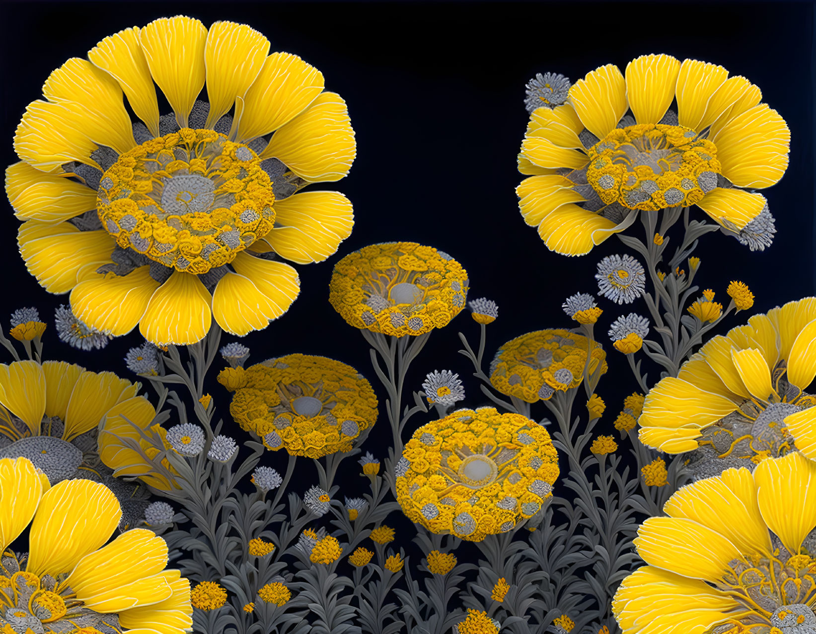 Stylized yellow flowers with intricate gray centers on dark background