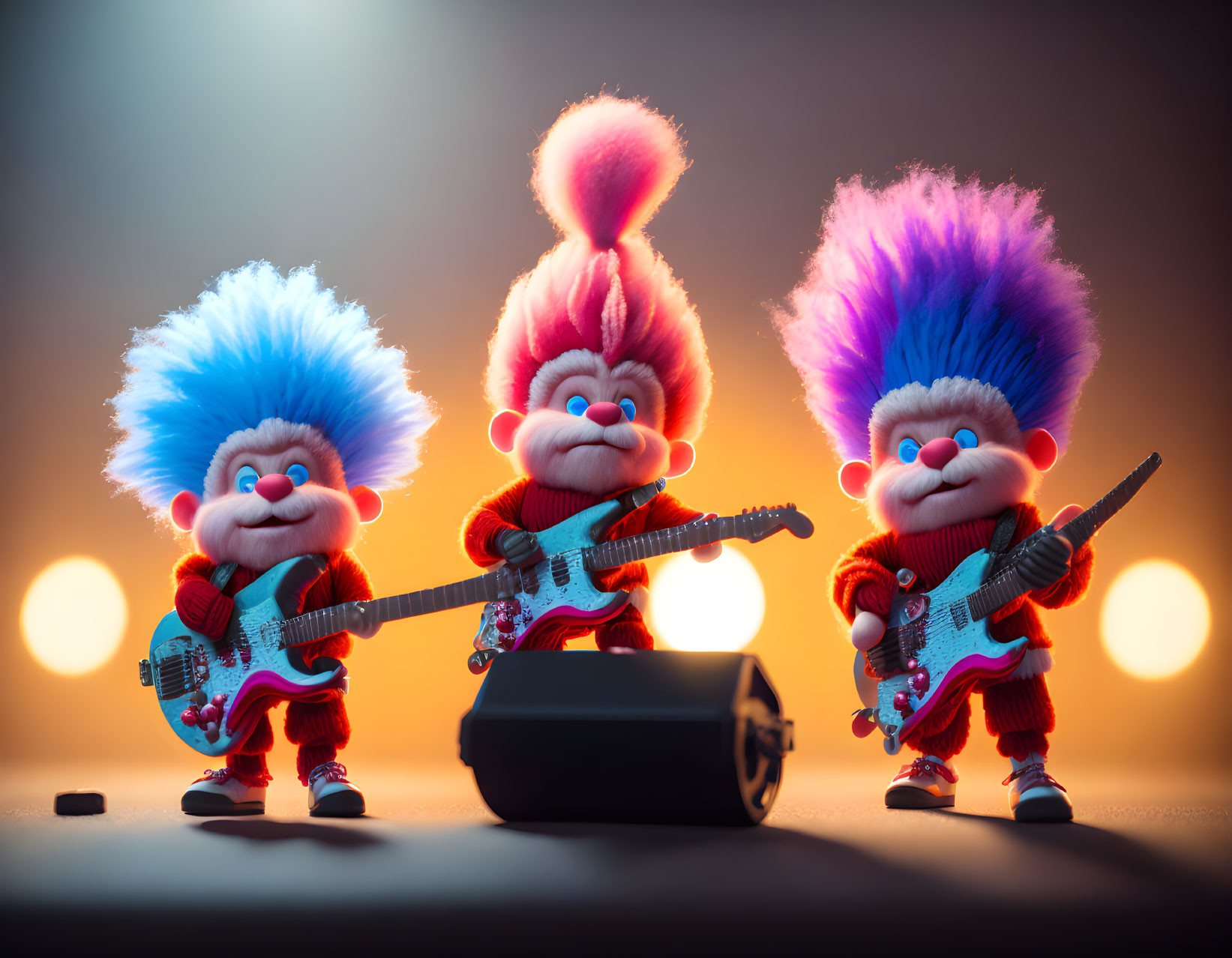 Colorful haired troll dolls playing guitars on stage with foggy background