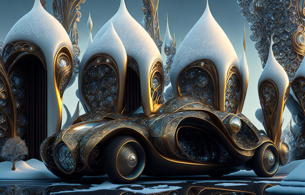 Golden Futuristic Vehicle in Ice-Capped Fantasy Landscape