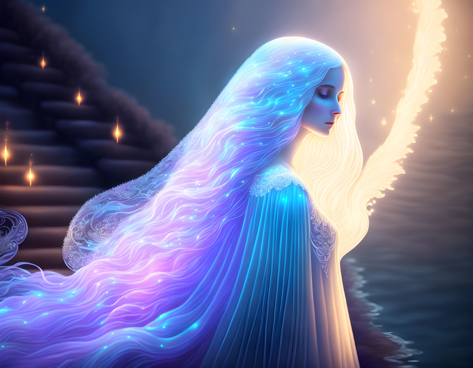 Mystical woman with luminous hair in blue dress by candlelit stairway