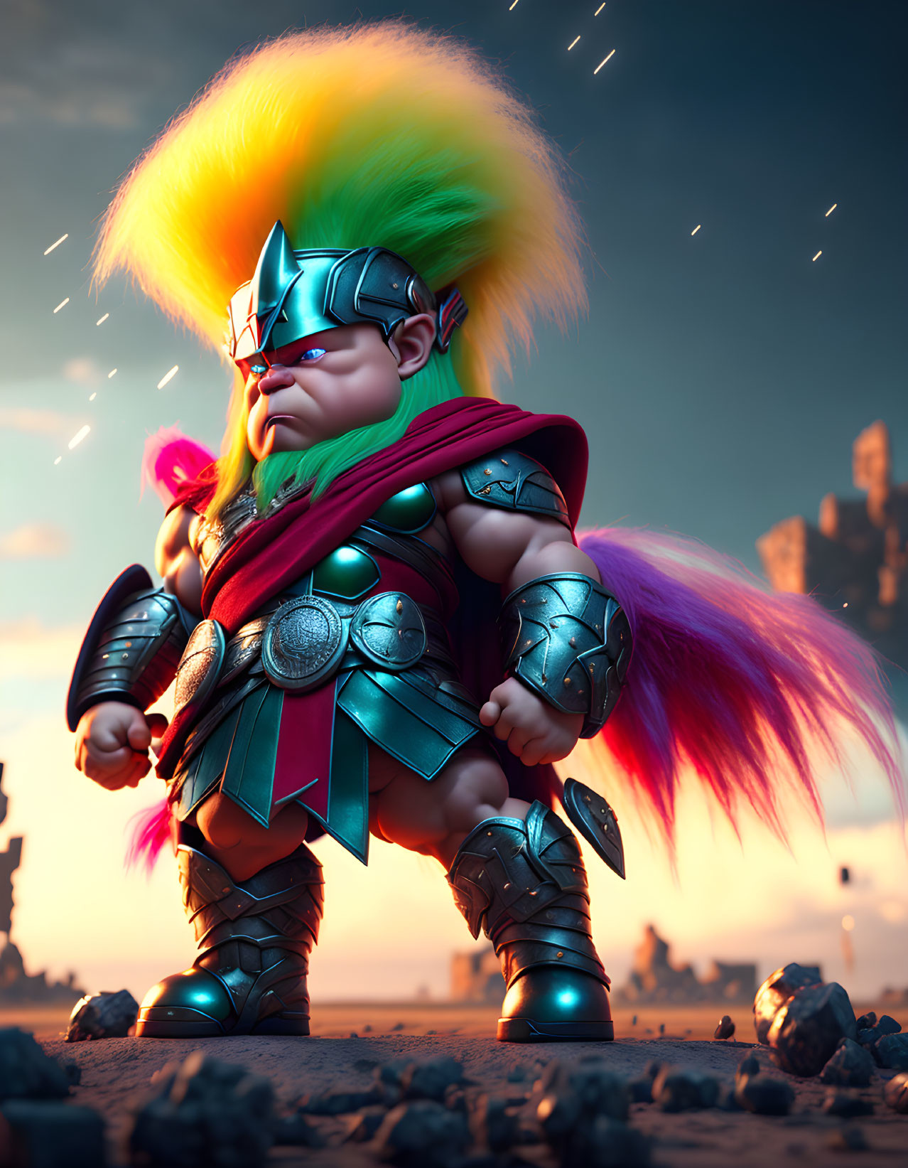 Colorful Cartoon Warrior with Rainbow Mohawk and Armor