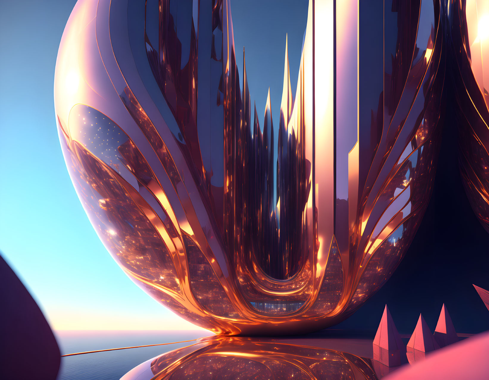 Abstract Metallic Structure with Reflective Orange Surfaces in Serene Blue Sky