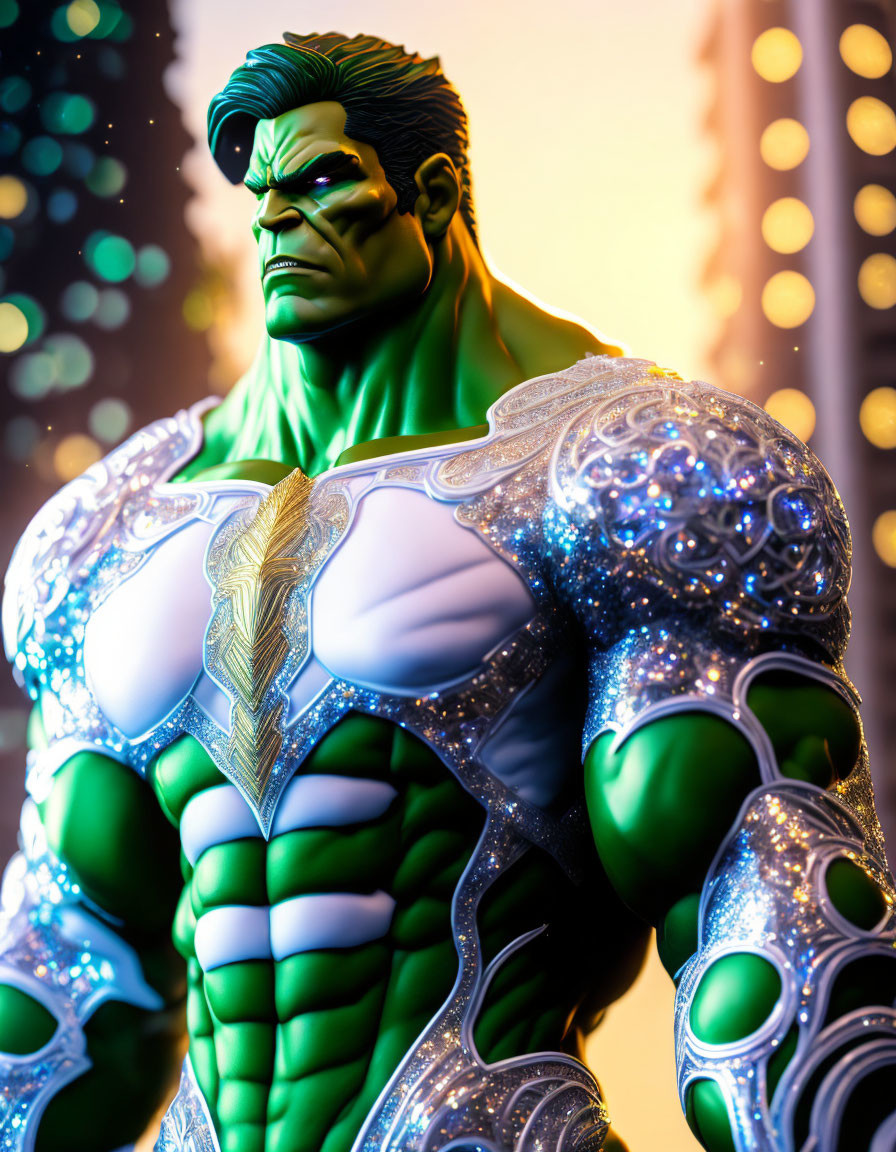 Muscular green-skinned superhero in silver armor on blurred light background