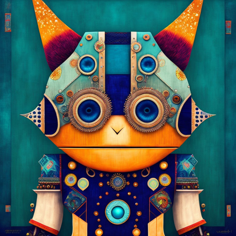 Vibrant owl art with geometric patterns and textures