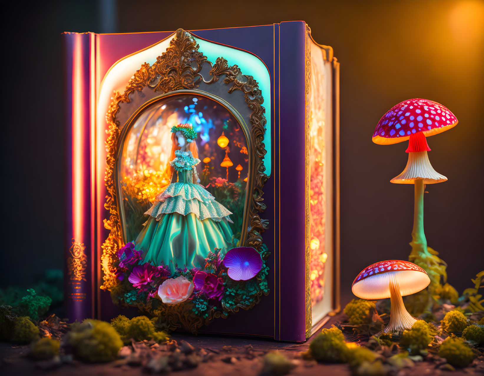 Ornate 3D princess illustration in ballgown amid glowing mushrooms and moss