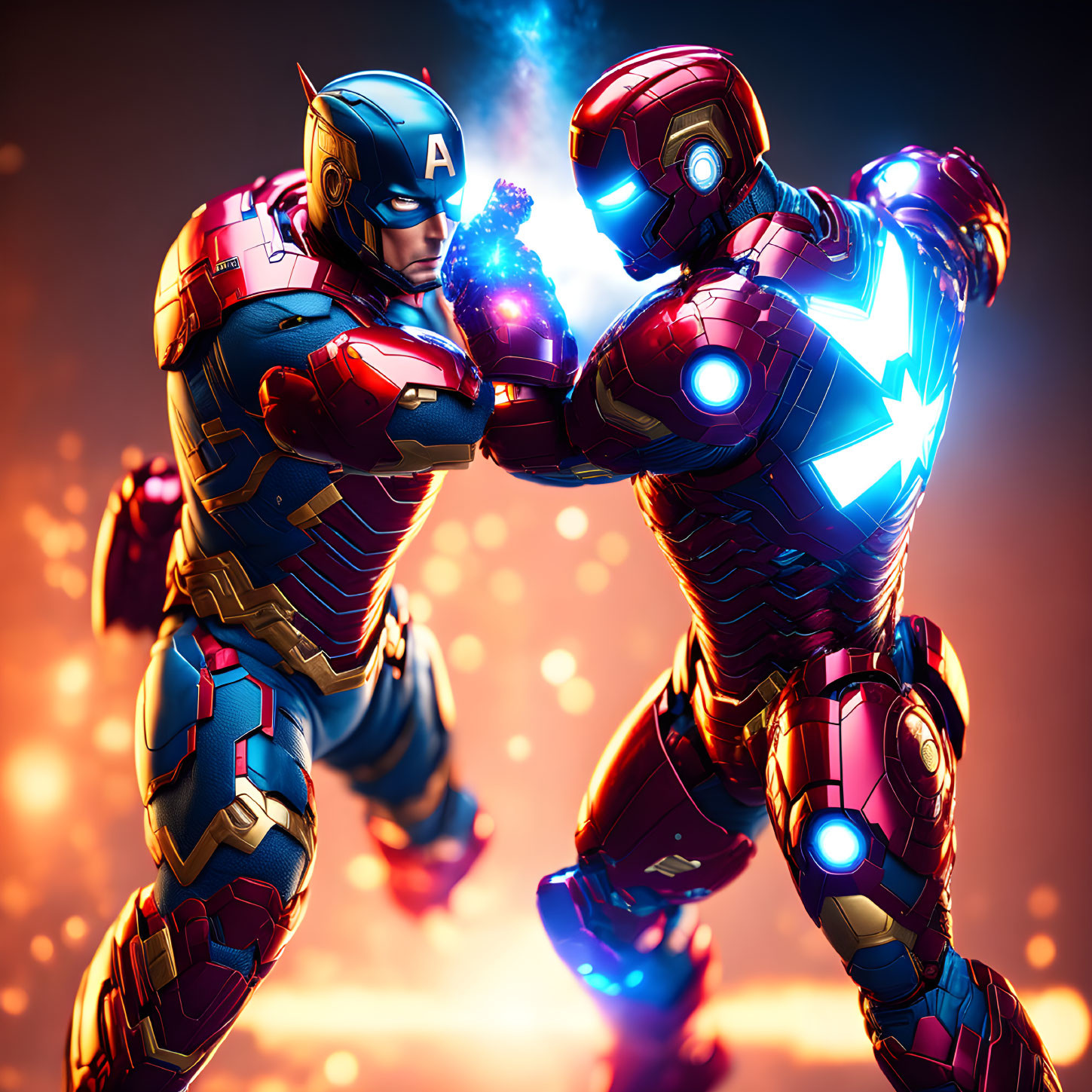 Armored superheroes with blue energy on fiery background