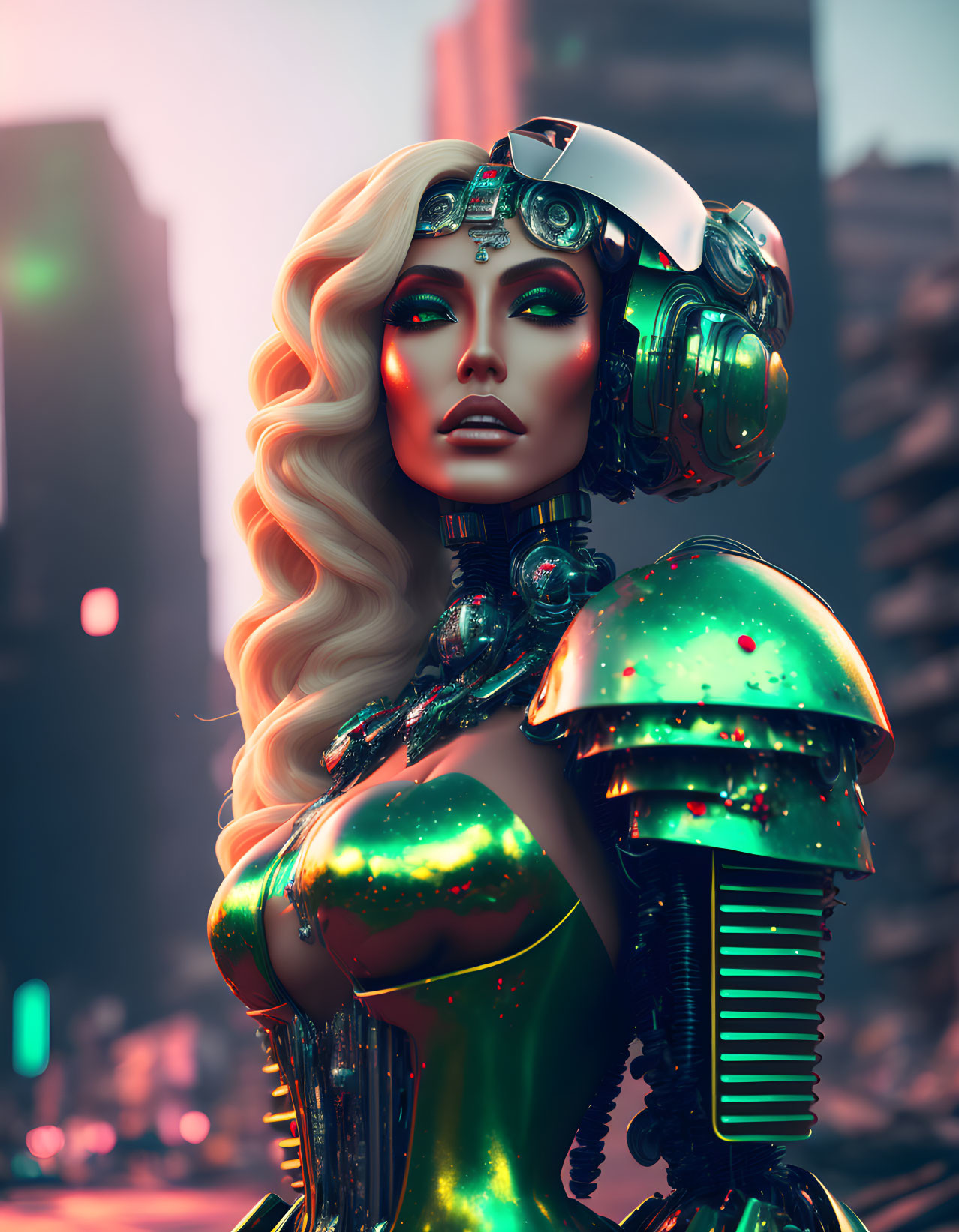 Reflective Green Armor on Female Android in Urban Neon Setting