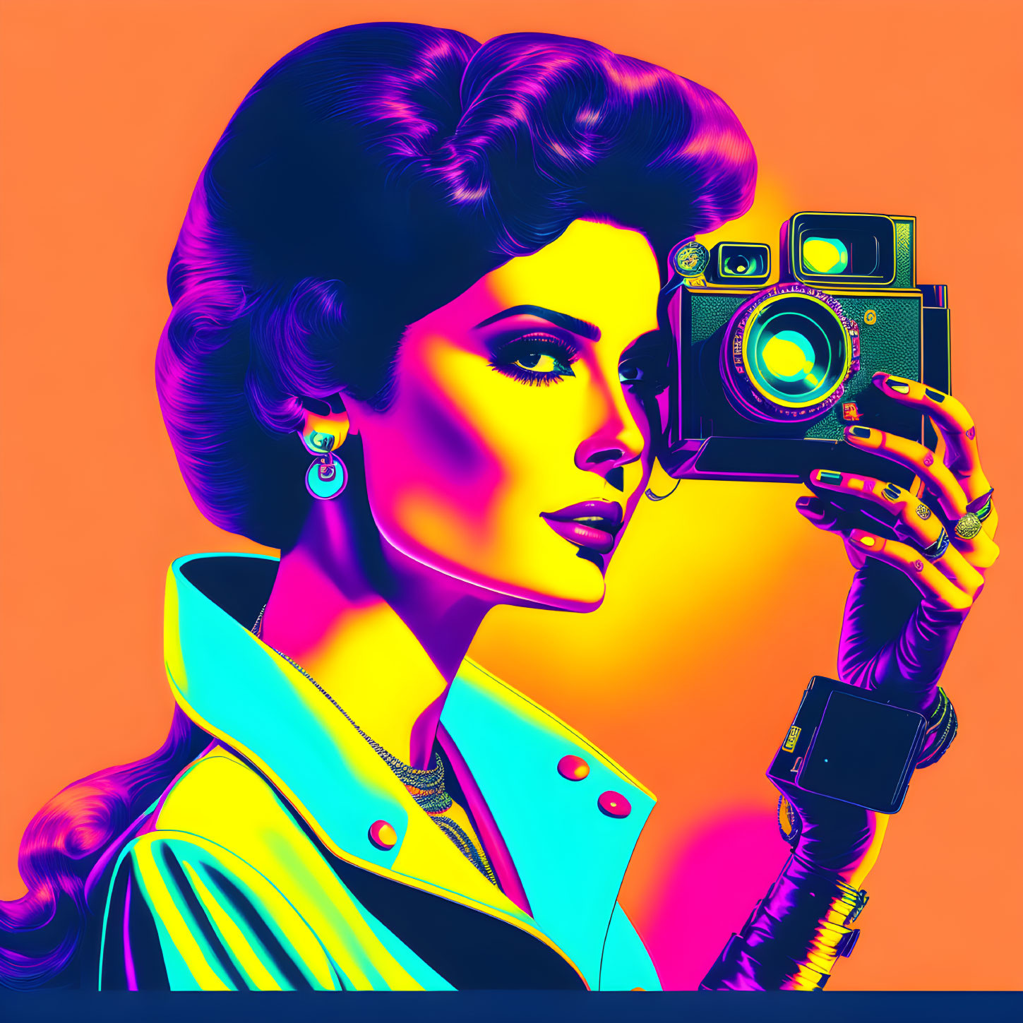 Colorful Pop-Art Style Illustration of Woman with Vintage Hair and Camera on Orange and Pink Background