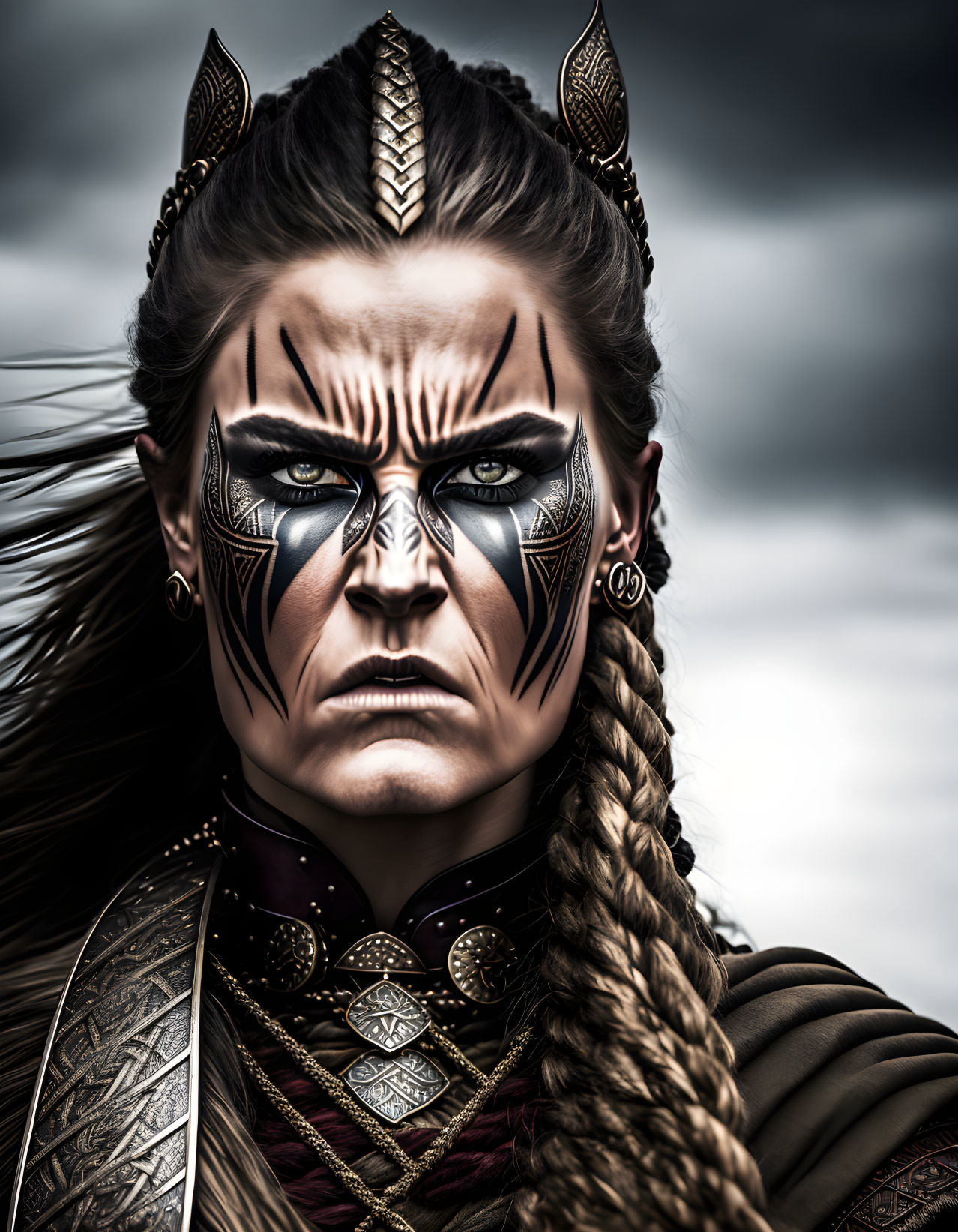 Person in Elaborate Warrior Makeup and Costume with Braided Hair Against Cloudy Sky