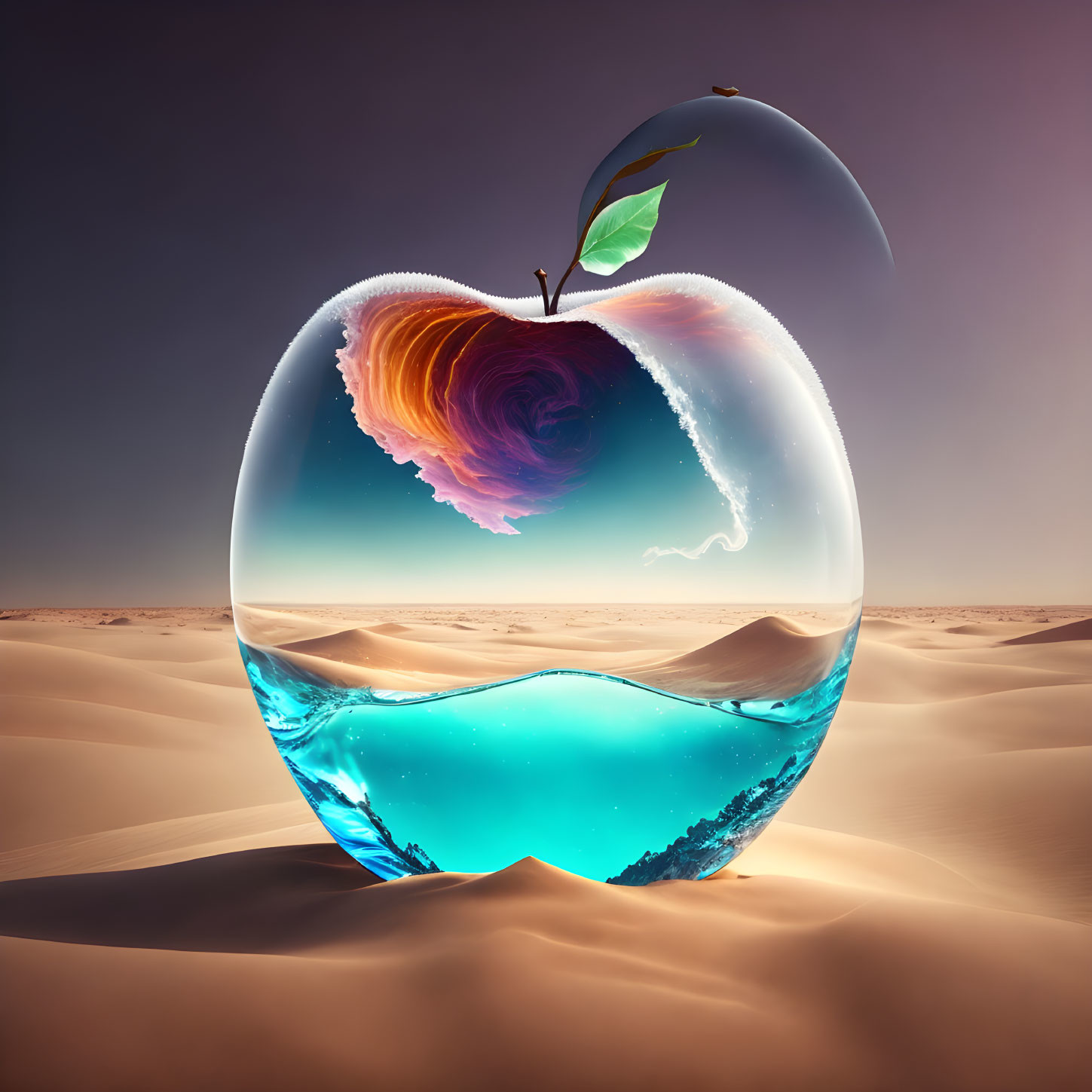 Transparent apple with ocean and galaxy inside against desert backdrop