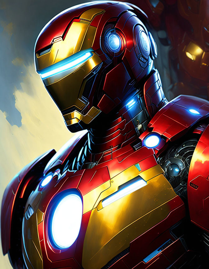 Detailed red and gold armored suit with glowing blue arc reactor and eye slits on blurry background