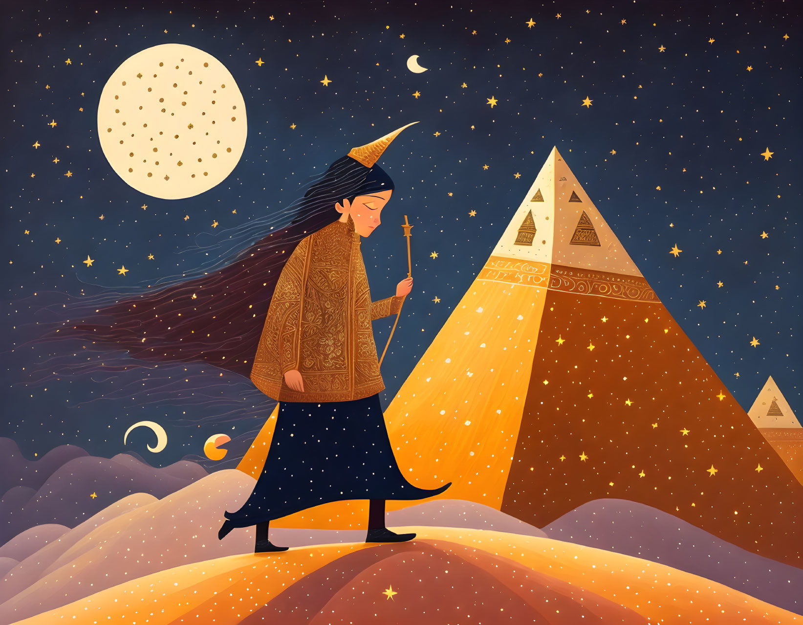 Fantasy illustration of robed figure with starry cape, hat, staff, pyramids under moon