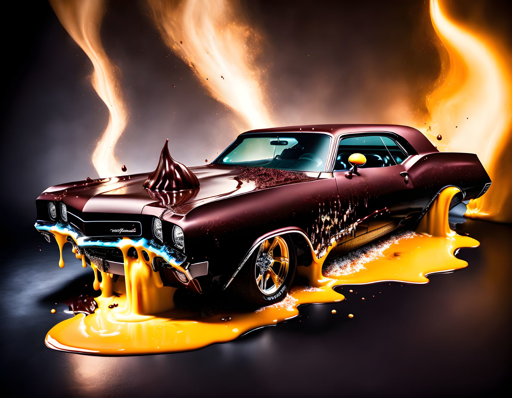 Stylized classic muscle car with fiery liquid metal theme