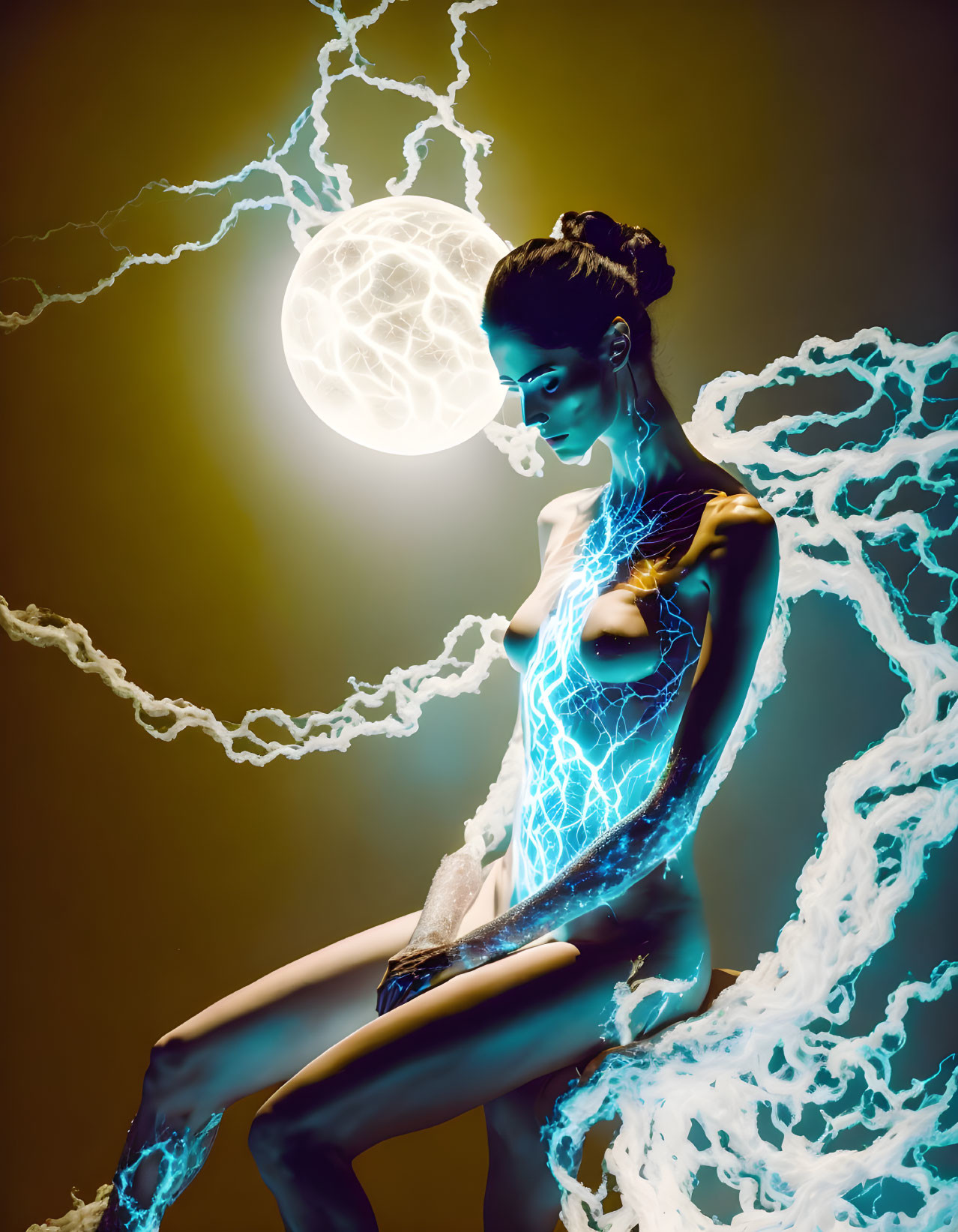 Woman posing with blue lightning effects and full moon backdrop