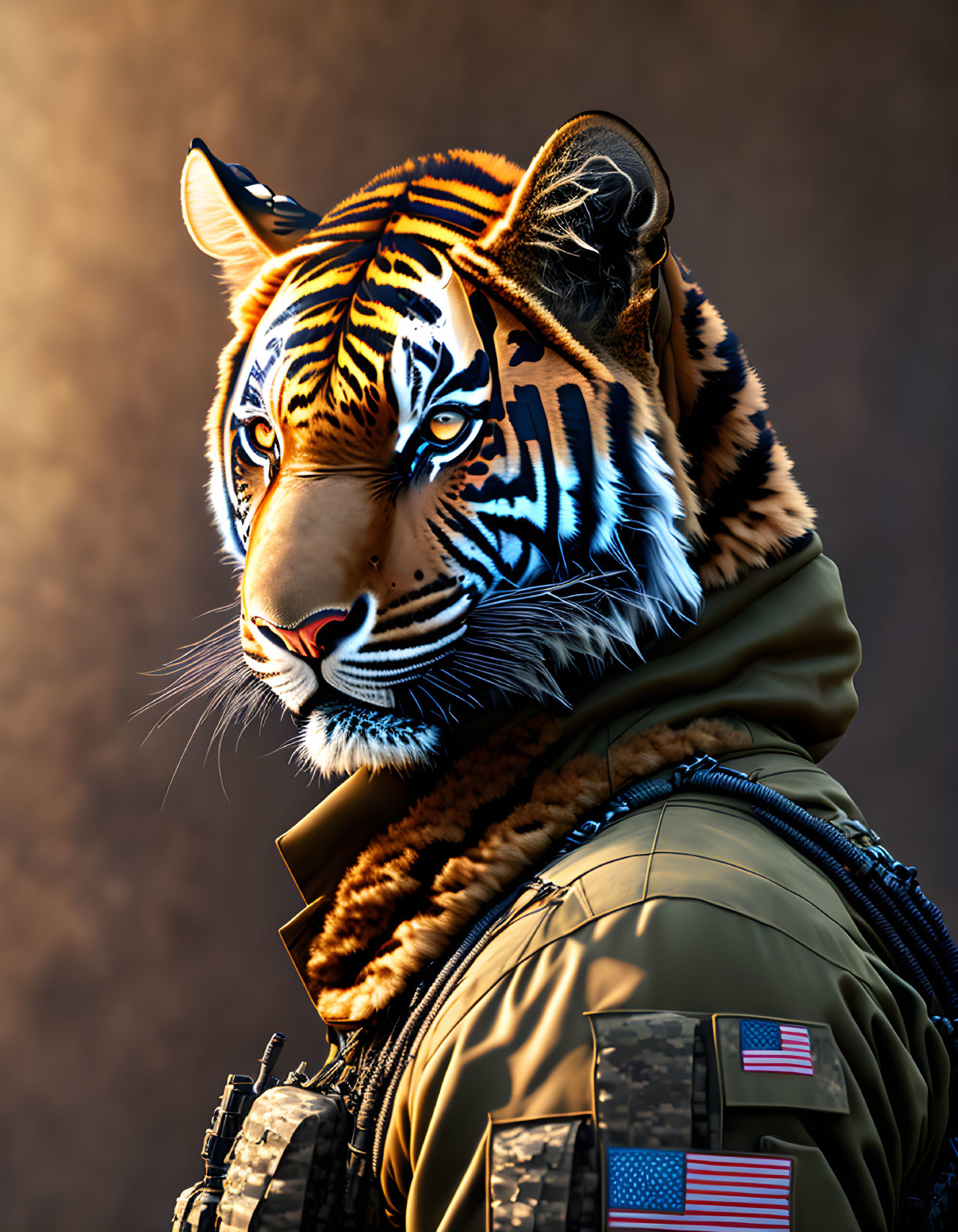 Digital artwork: Tiger head merges with human body in military attire