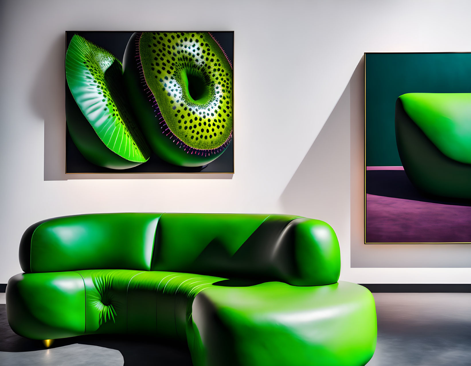 Contemporary Room with Green Sculptural Sofa & Kiwi Fruit Art Pieces