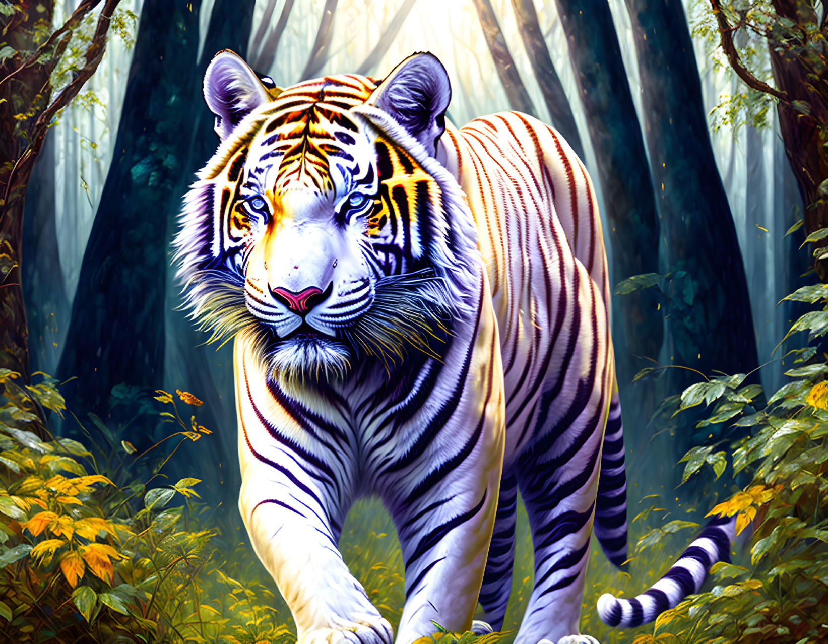 Majestic tiger with orange, white, and black stripes in sunlit forest