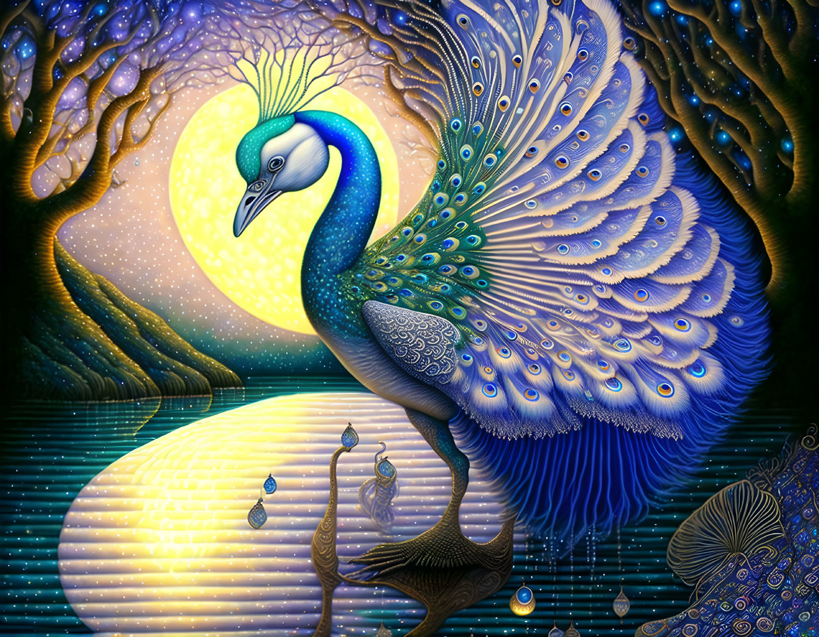 Colorful Peacock Illustration with Detailed Tail on Whimsical Background