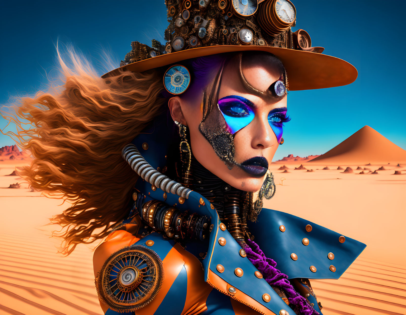 Elaborate Steampunk Attire Woman in Desert Scene