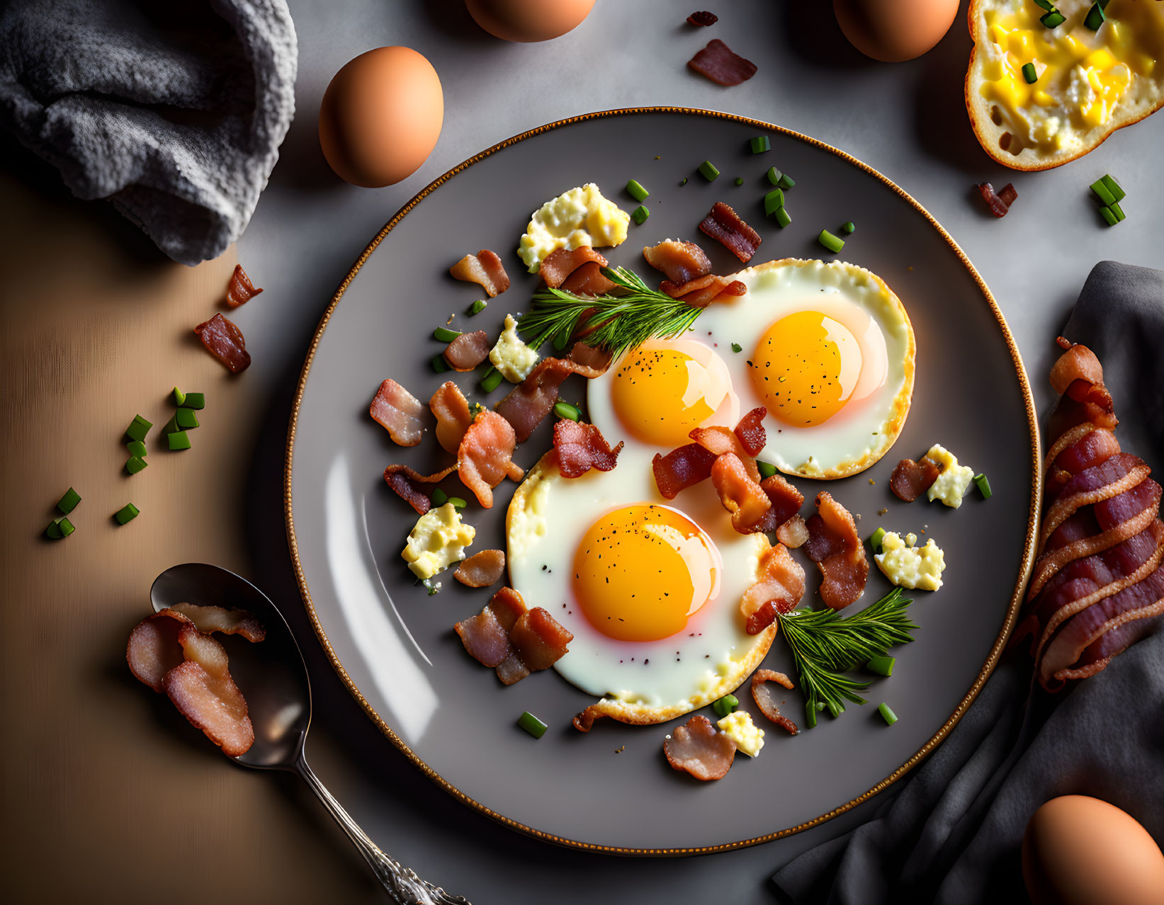 Sunny-Side-Up Eggs with Bacon and Herbs on Dark Plate