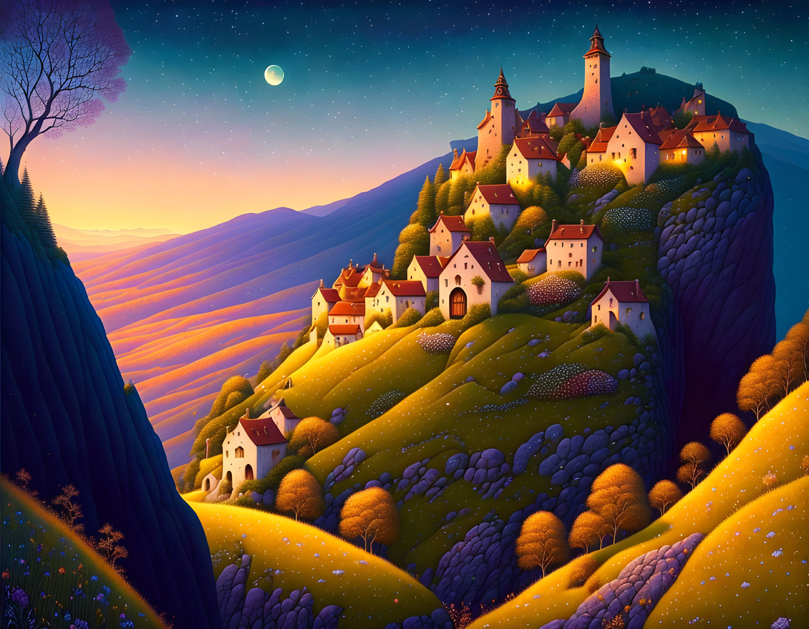 Whimsical village with cozy houses, castle, and starry twilight sky