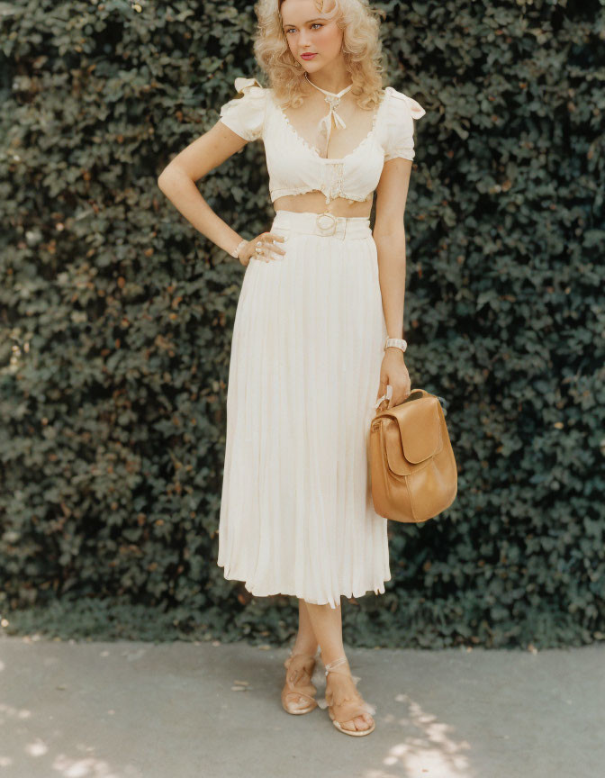 Vintage-inspired woman in puffy-sleeved blouse and striped skirt with leather bag