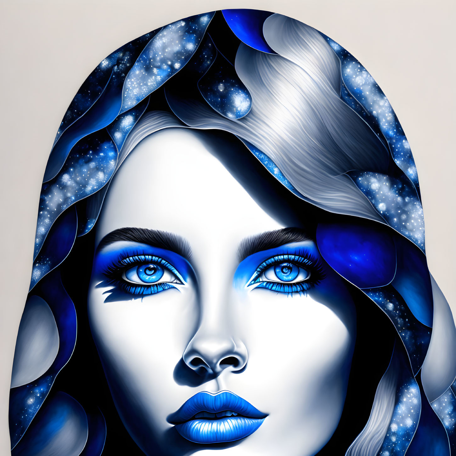 Portrait of Woman with Blue Skin, Vibrant Eyes, and Cosmic Hair