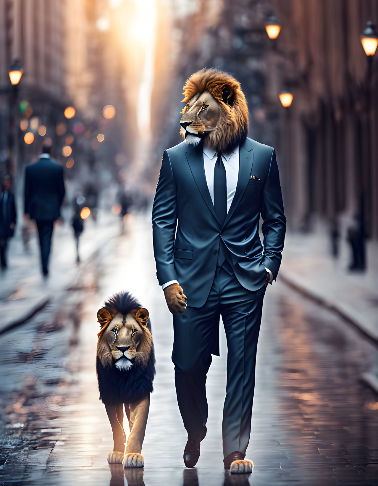 Human with lion head in suit strolling with lion on city street