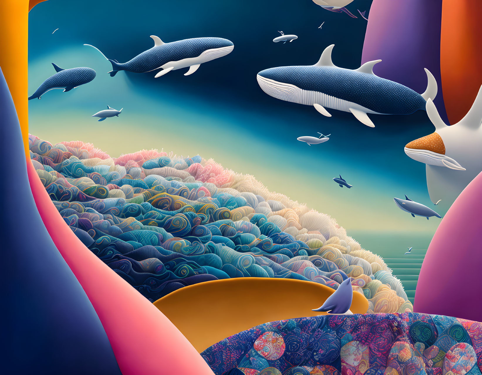 Colorful surreal ocean scene with stylized marine life and abstract coral formations under a gradient sky