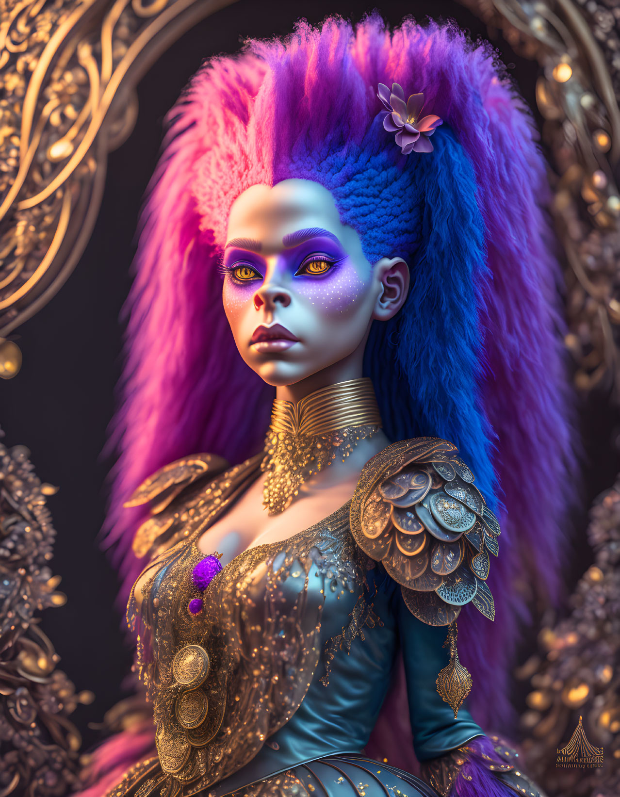 Vibrant Purple-Skinned Woman in Gold-Trimmed Armor