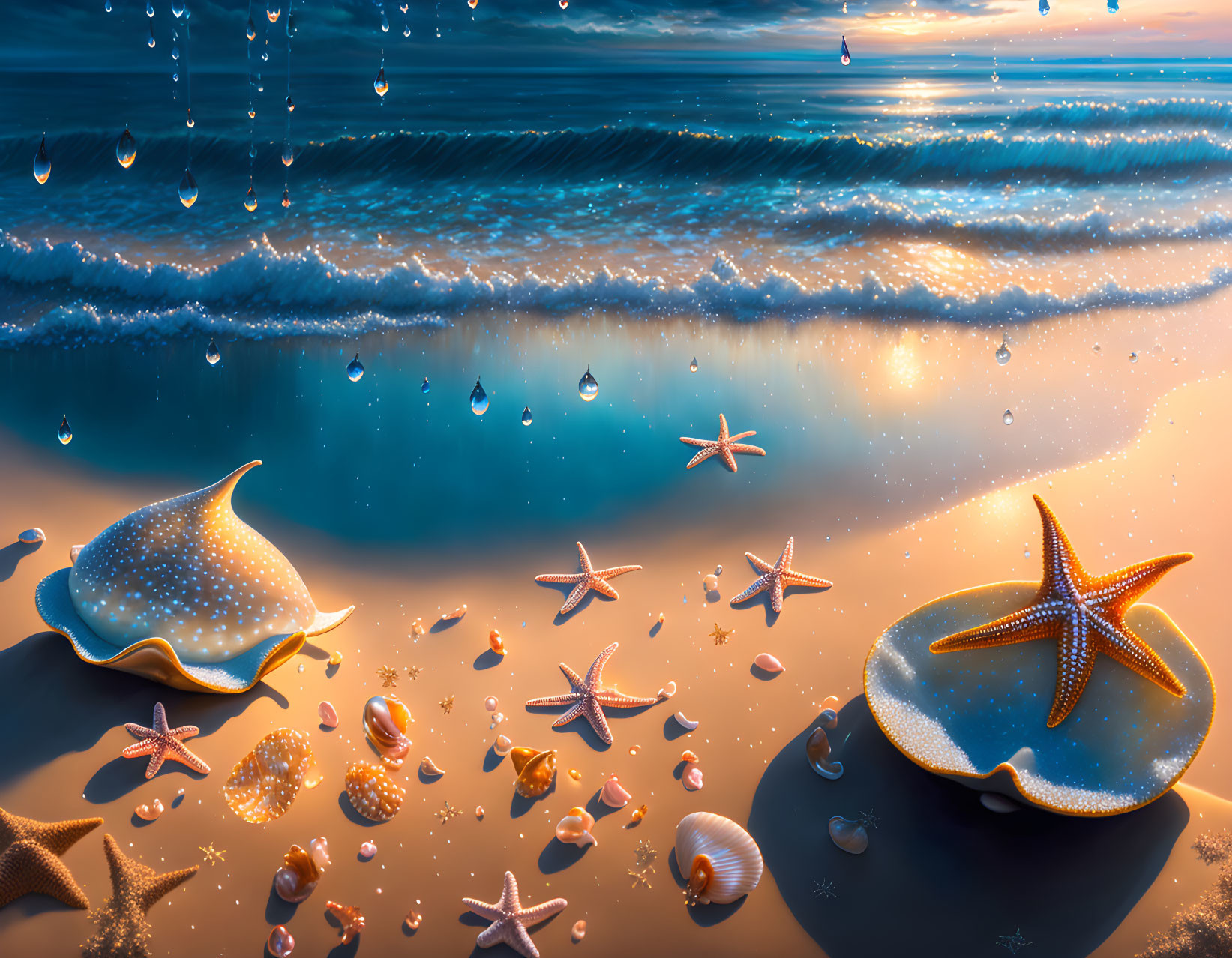 Twilight beach scene with starfish, seashells, and stingray under a golden sky.