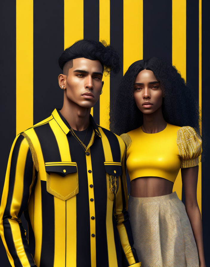 Fashion models in yellow and black outfits on striped backdrop