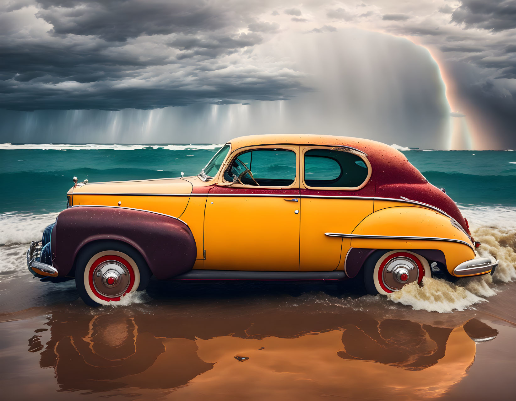 Vintage two-tone car on beach under stormy skies with rainbow