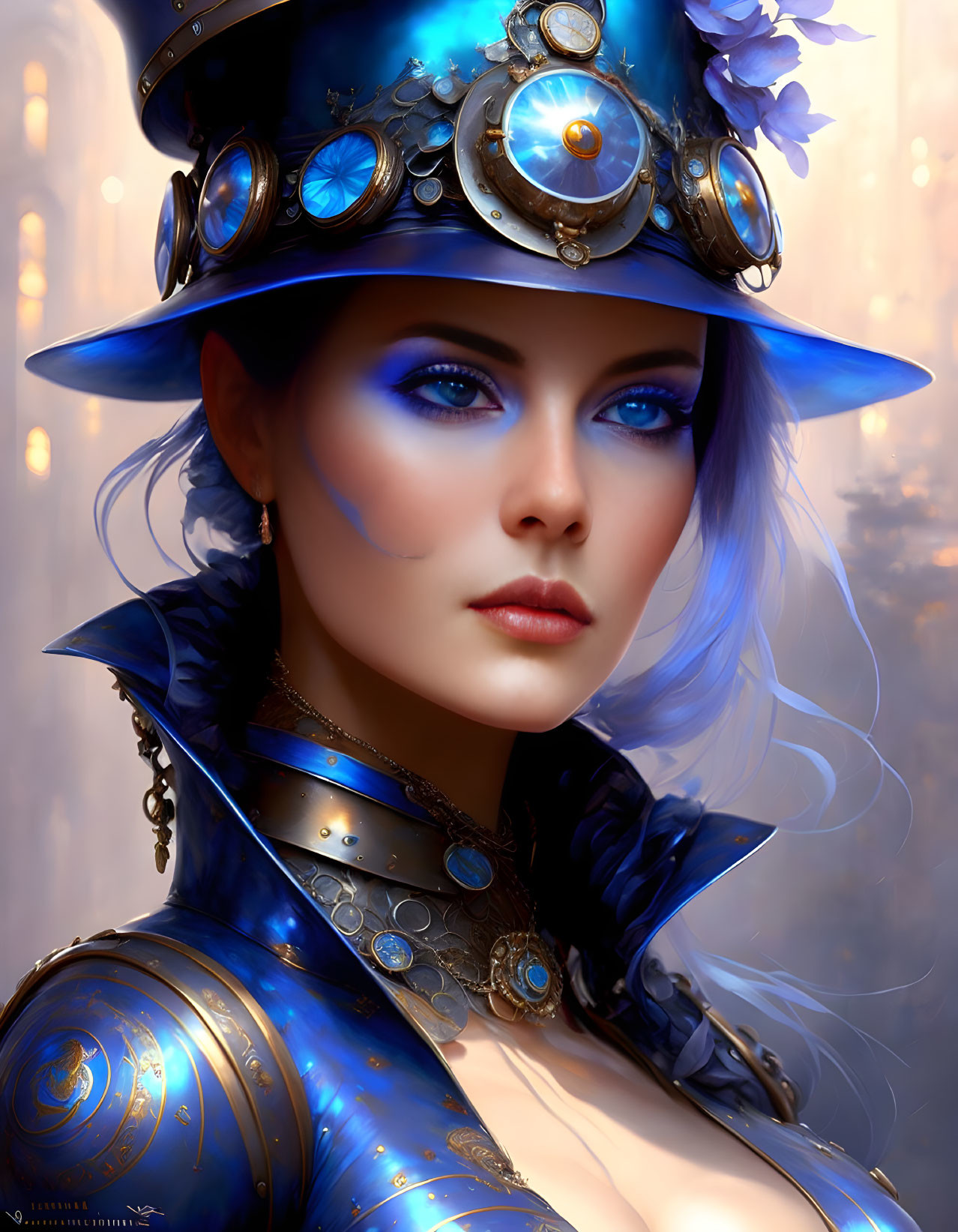 Digital artwork of woman with vibrant blue eyes in steampunk attire in misty setting