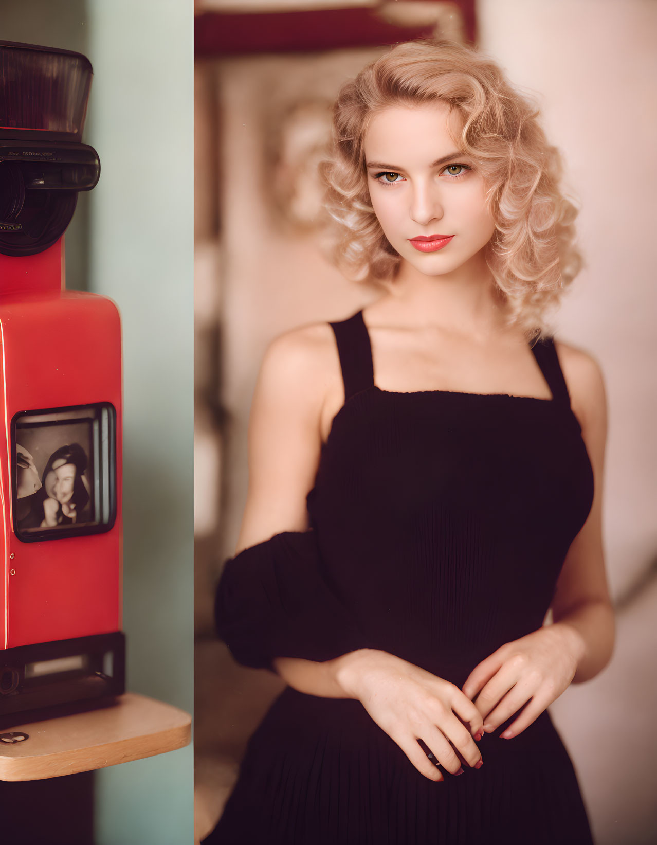 Blonde woman in black outfit poses by vintage photo booth