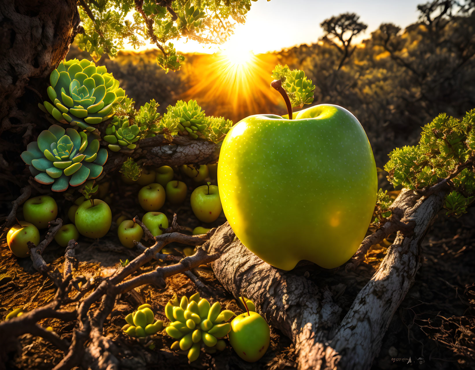 Surreal forest scene with giant green apple among smaller apples