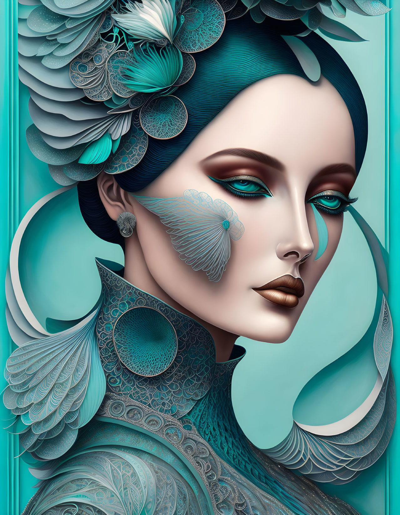 Digital Artwork: Woman with Teal and Blue Feather Hair, Elaborate Feather Motif Armor