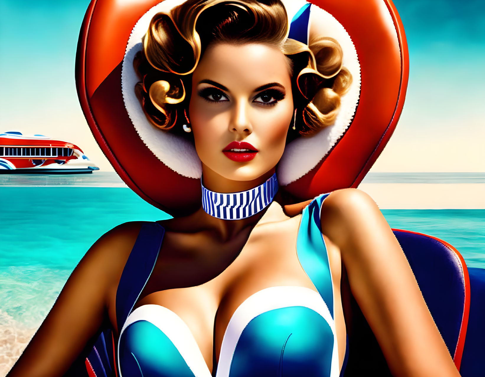 Digital artwork: Woman in retro swimsuit by the sea with vintage boat