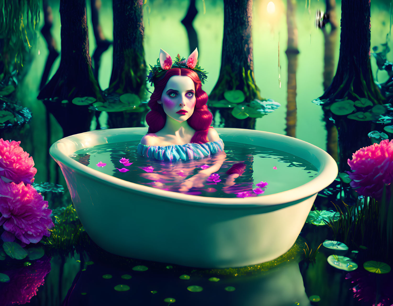 Surreal image of woman in floral crown in forest bathtub