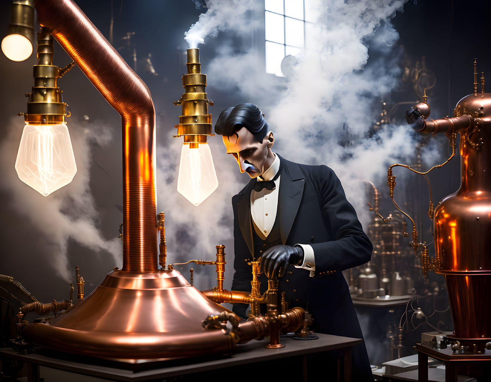 Stylized image of man in tuxedo with copper distillation apparatus in steam-filled room.