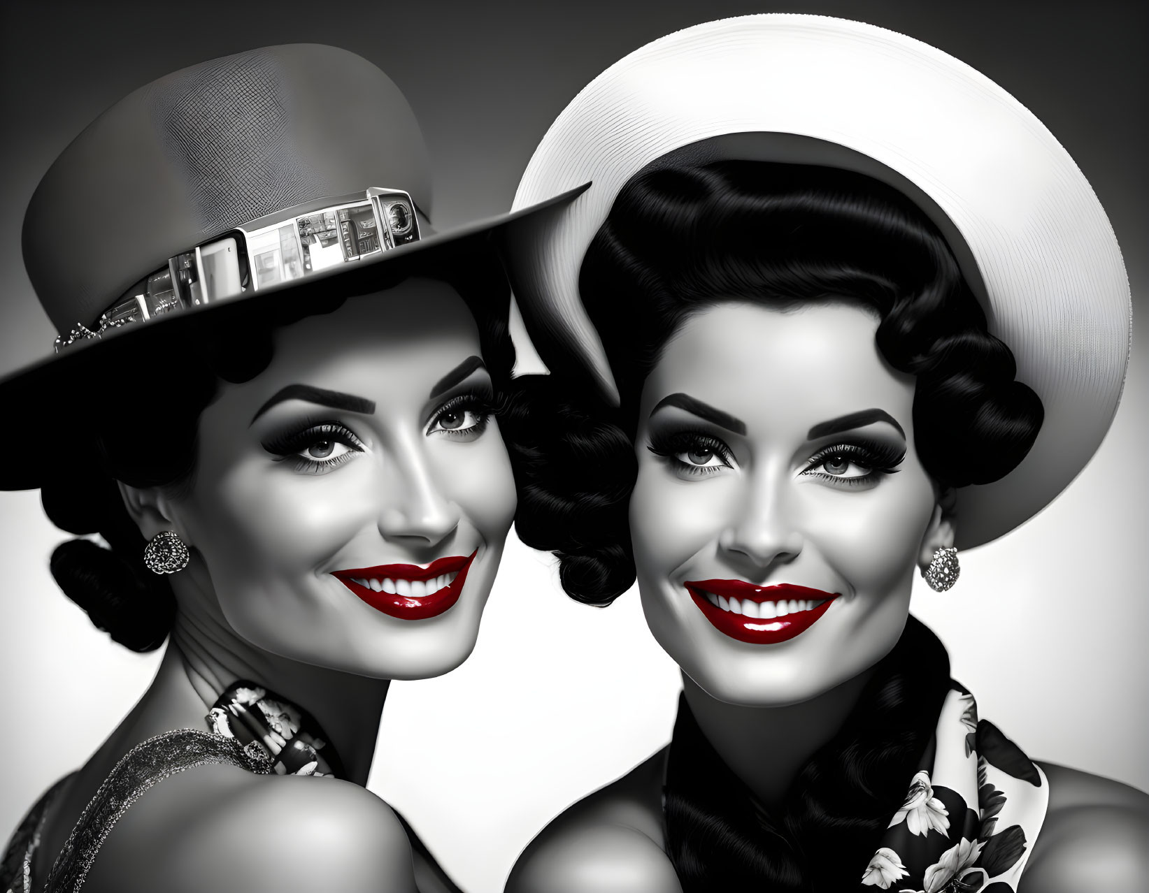 Vintage-styled women with red lips in elegant hats and earrings