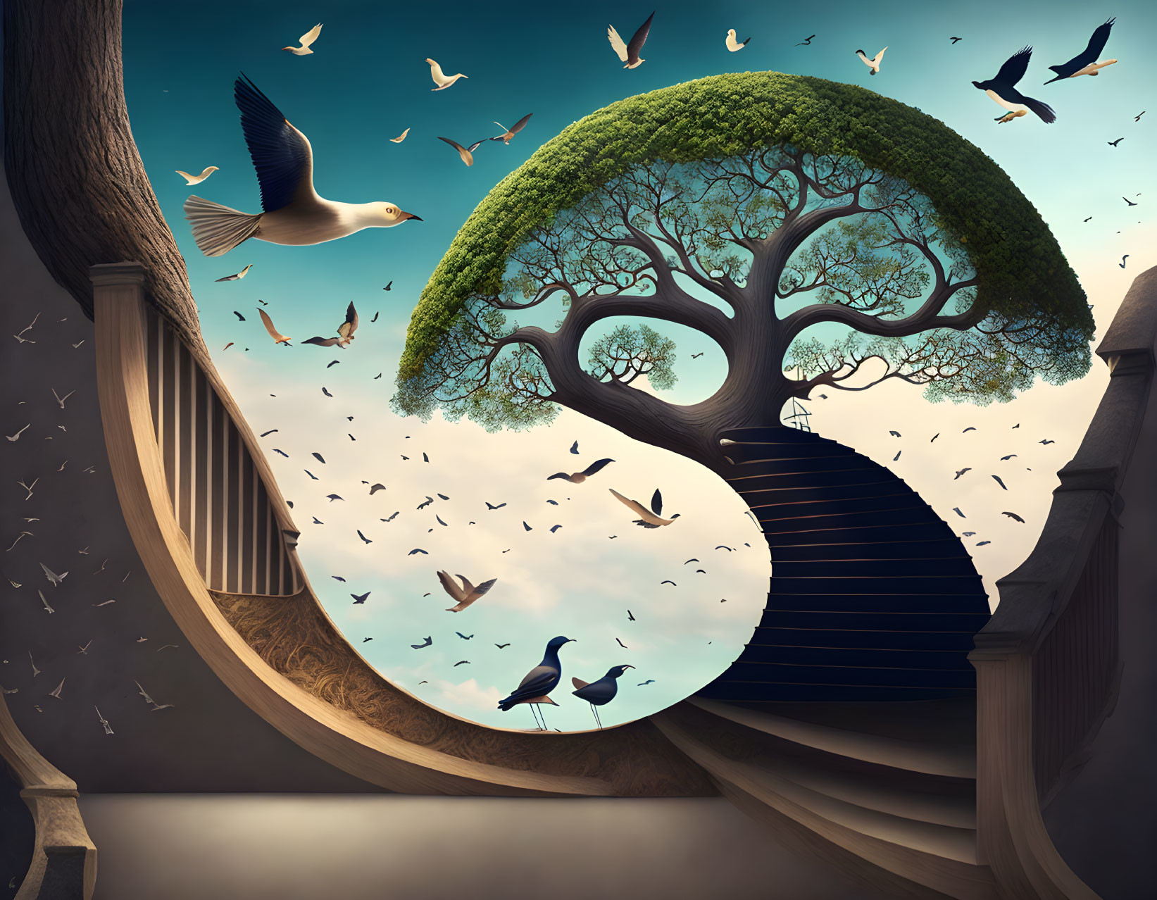 Surreal illustration of large tree with spiral staircase, archway, and birds in twilight.